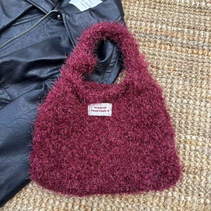 Hairy Knitted Handbag Cute Bucket Bag Solid Color All-Match Hand Bag Soft Waxy Touch - Image 1